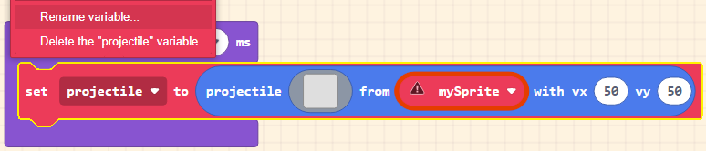 Screenshot of blocks - on game update every 500ms, set projectile to projectile from mySprite with vx 50 vy 50